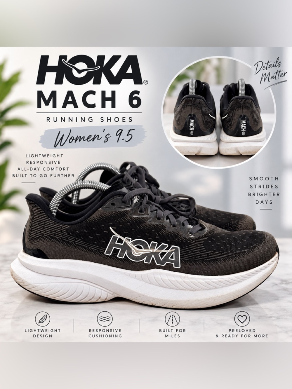 Hoka Women's Mach 6 Running Shoes - Black & White women’s 9.5